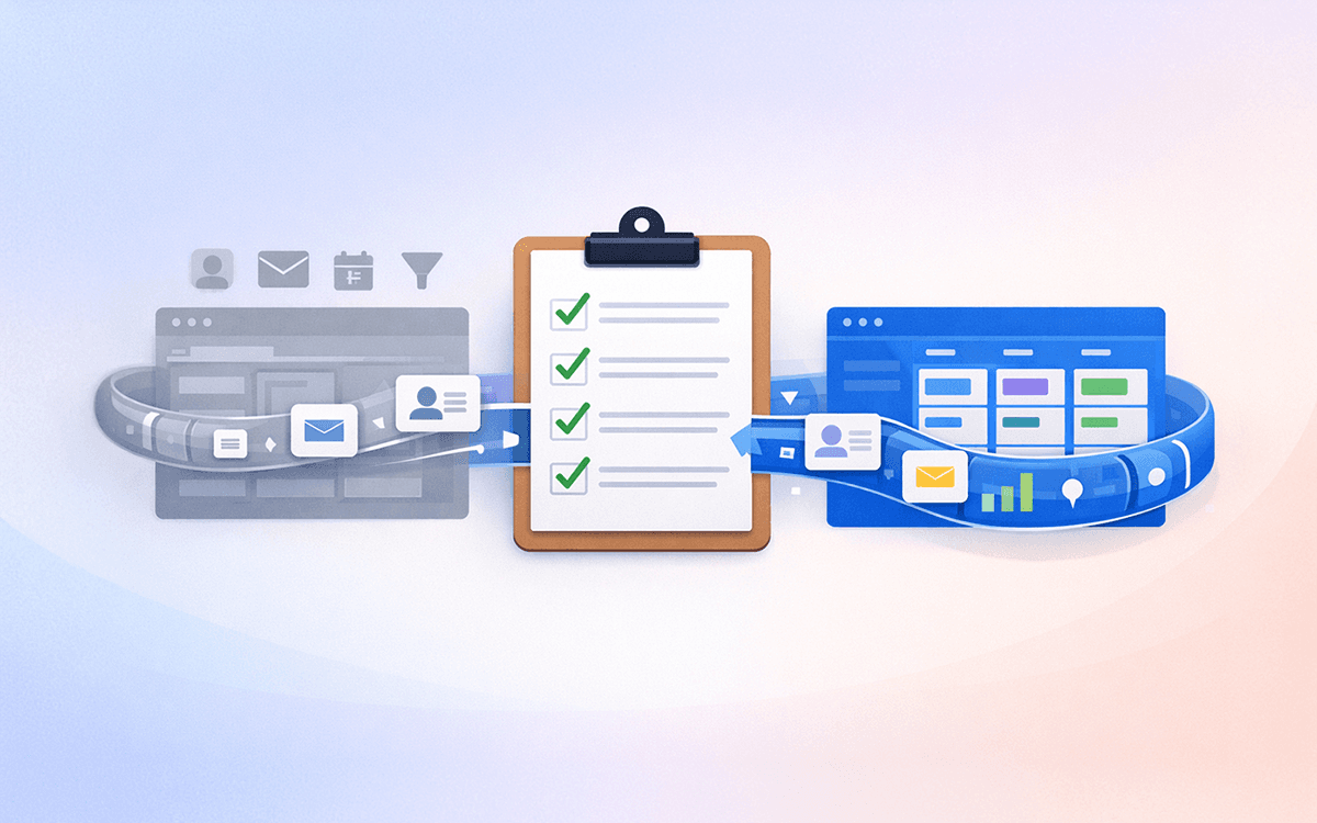 CRM migration checklist illustration showing data flowing from a legacy CRM through a verification checklist into a modern monday.com system