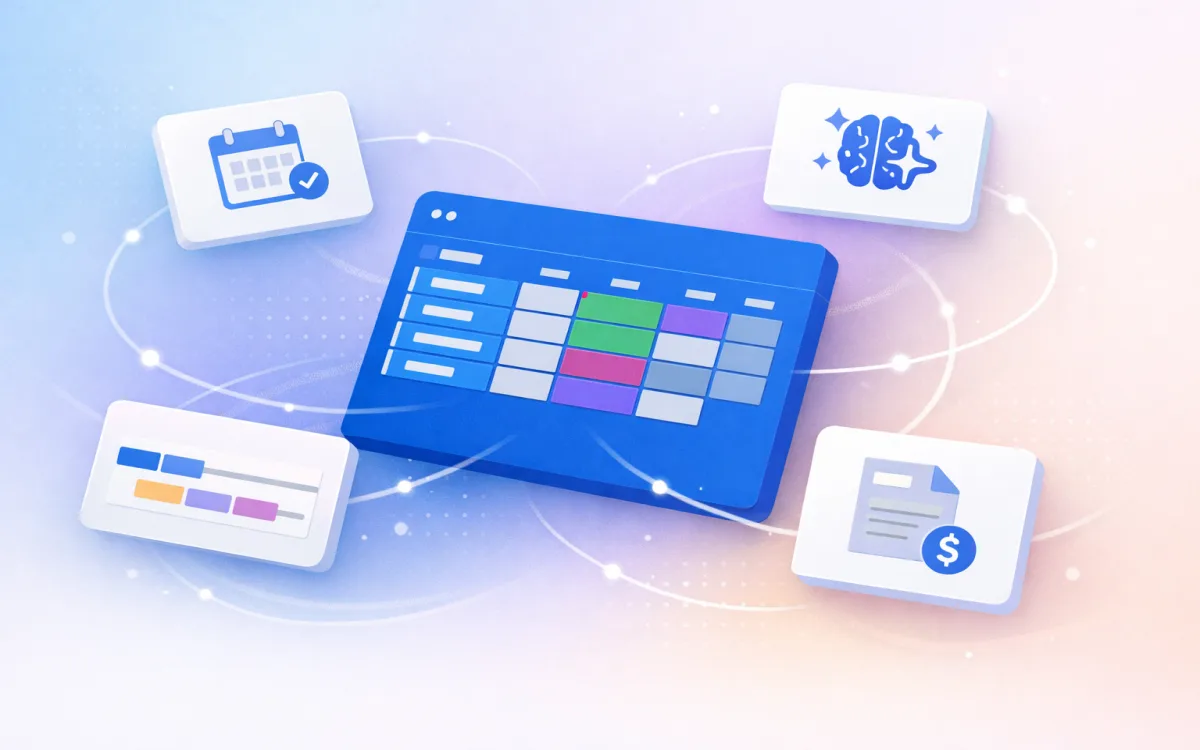 Illustration of a monday.com board with four floating feature cards representing calendar sync, AI summaries, activity timeline, and quotes and invoices