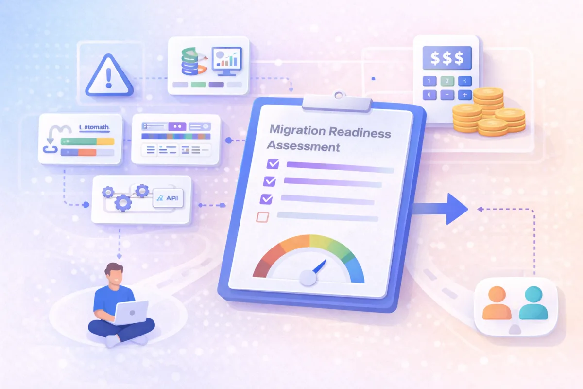 Illustration of a migration readiness assessment clipboard surrounded by data, automation, billing, and team icons connected by dotted lines, with a person working on a laptop