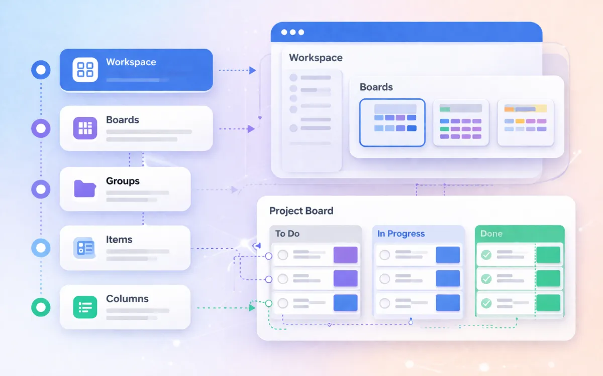 Illustration showing monday.com workspace hierarchy with boards, groups, items, and columns