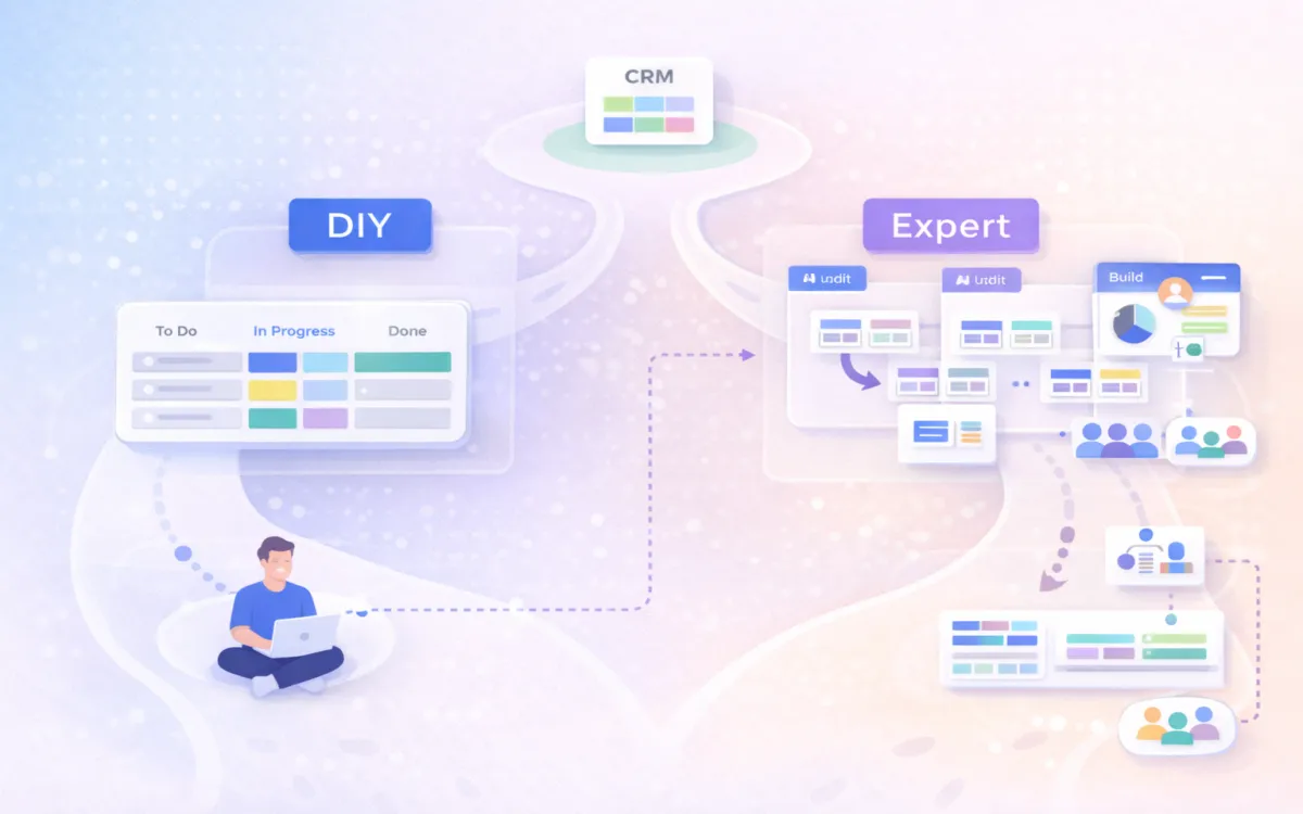 Illustration comparing DIY monday.com setup path with guided expert implementation path