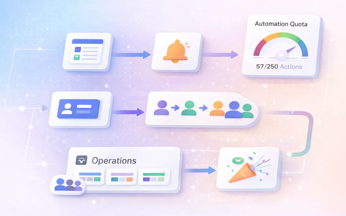 Illustration of monday.com automation workflows connecting lead intake to deal pipeline stages