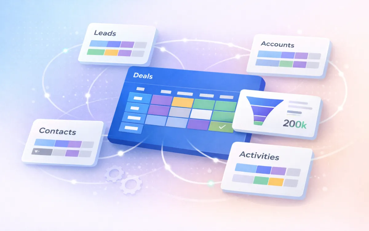 Illustration of a monday.com CRM board structure with connected entity boards and pipeline stages