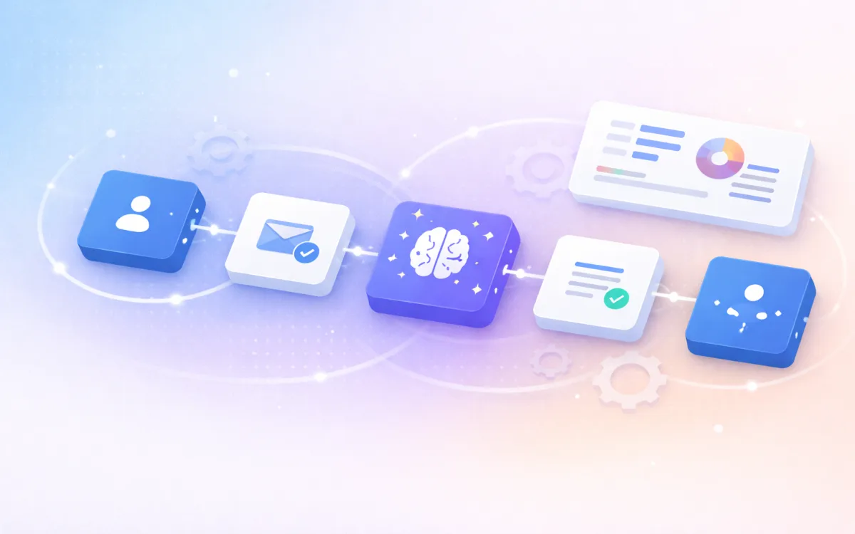 Illustration of an AI-powered workflow pipeline with connected automation nodes representing AI Workflows, Sequences, Autopilot hub, and AI Blocks